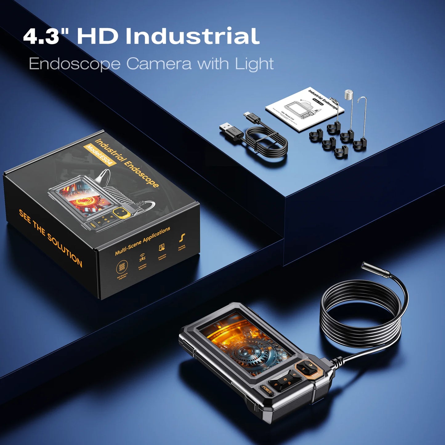 4.3 Inch Industrial Endoscope Camera HD1920P 16.5TF Single Lens Pipe Inspection Borescope for Car Sewer Inspection Camera Tool