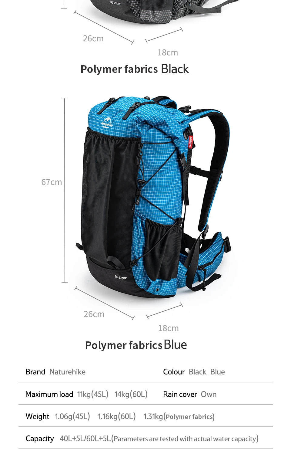 Naturehike Outdoor Mountain Backpack 60+5L Waterproof High Capacity Sports Climbing Hiking Travel Bag With Rain Cover
