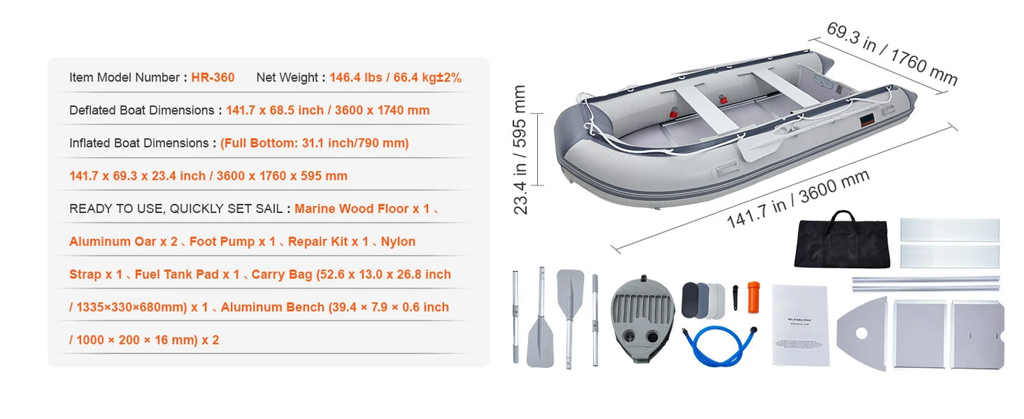 SucceBuy Inflatable Dinghy Boat 6-Person Transom Sport Tender Boat Marine Wood Floor and Adjustable Aluminum Bench Oars Air Pump