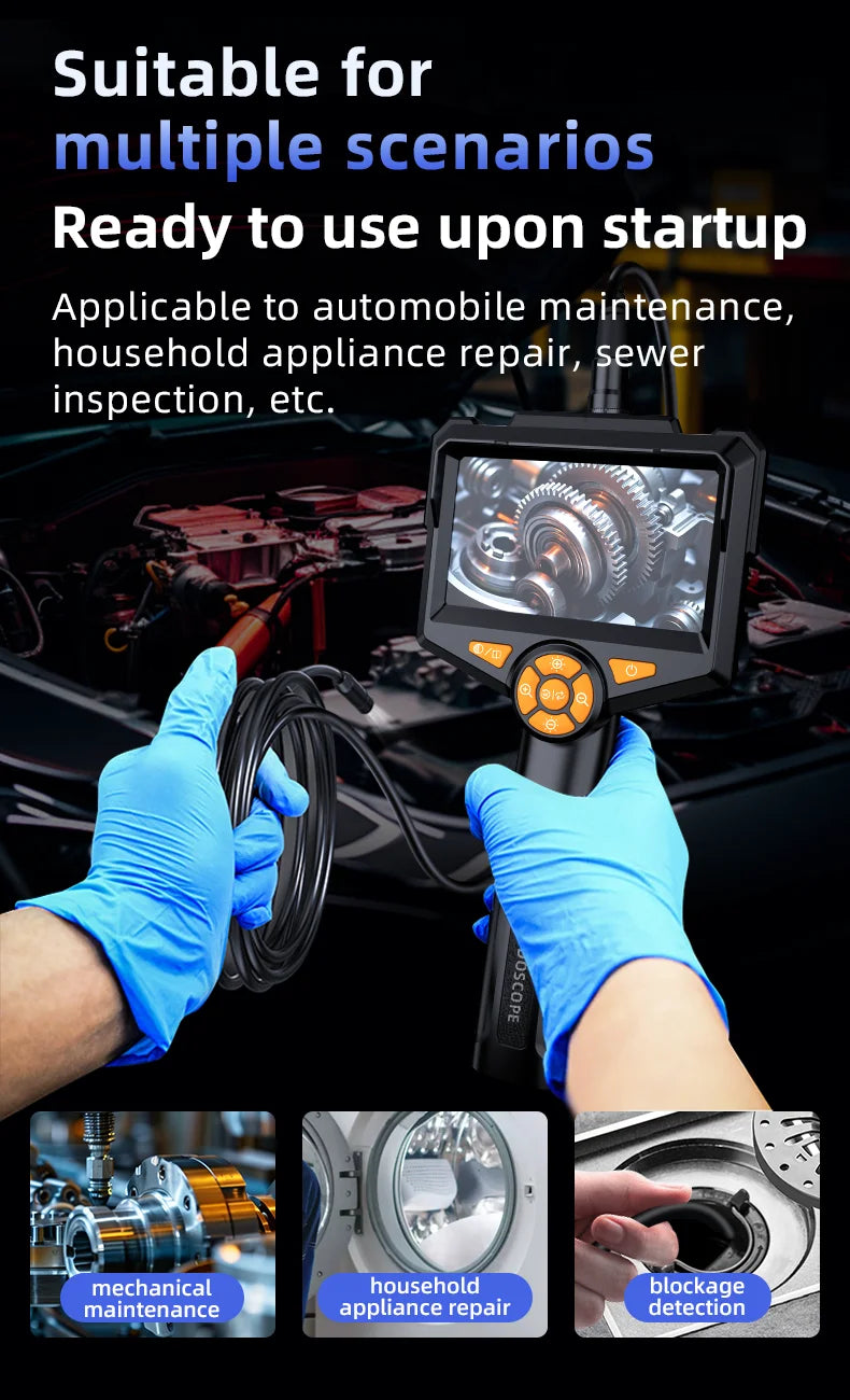 Industrial Endoscope Camera 4.3 inch HD Screen 1080P Snake Camera with Semi Rigid Cable for Auto Engine Drain Inspection