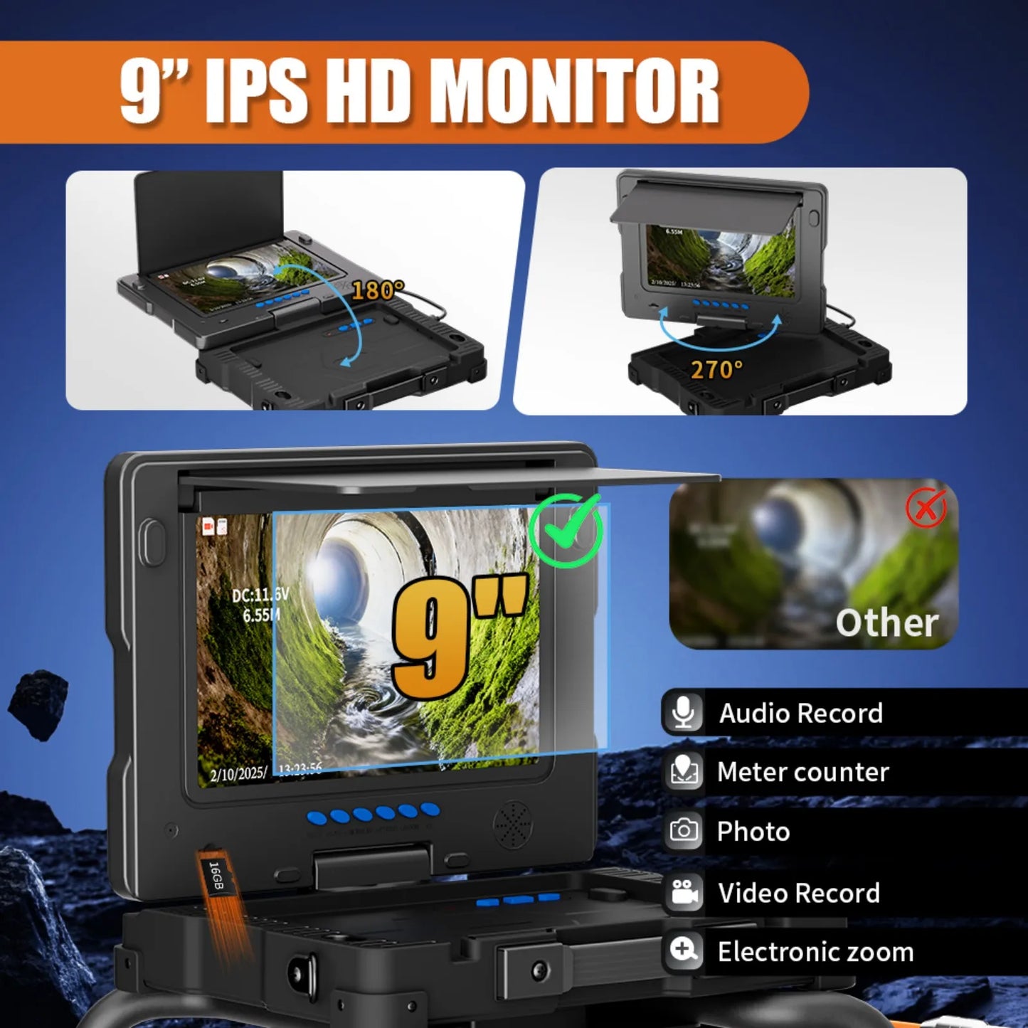9'' Waterproof Sewer Pipe Inspection Camera with 512HZ Self-Leveling Locator, Meter Counter & DVR Video Endoscope