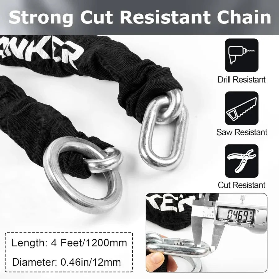 Heavy duty motorcycle chain lock with 2 keys designed for secure locking of bicycles motorbikes mopeds and scooters featuring a