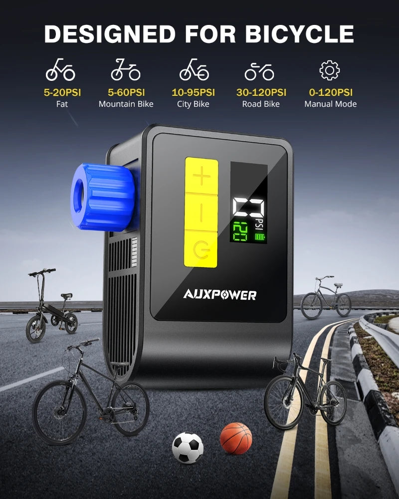 120PSI Mini Bicycle Pump Electric Air Pump Automatic Stop Powerful Portable Digital Inflator with LED for Motorcycle Bike Tires