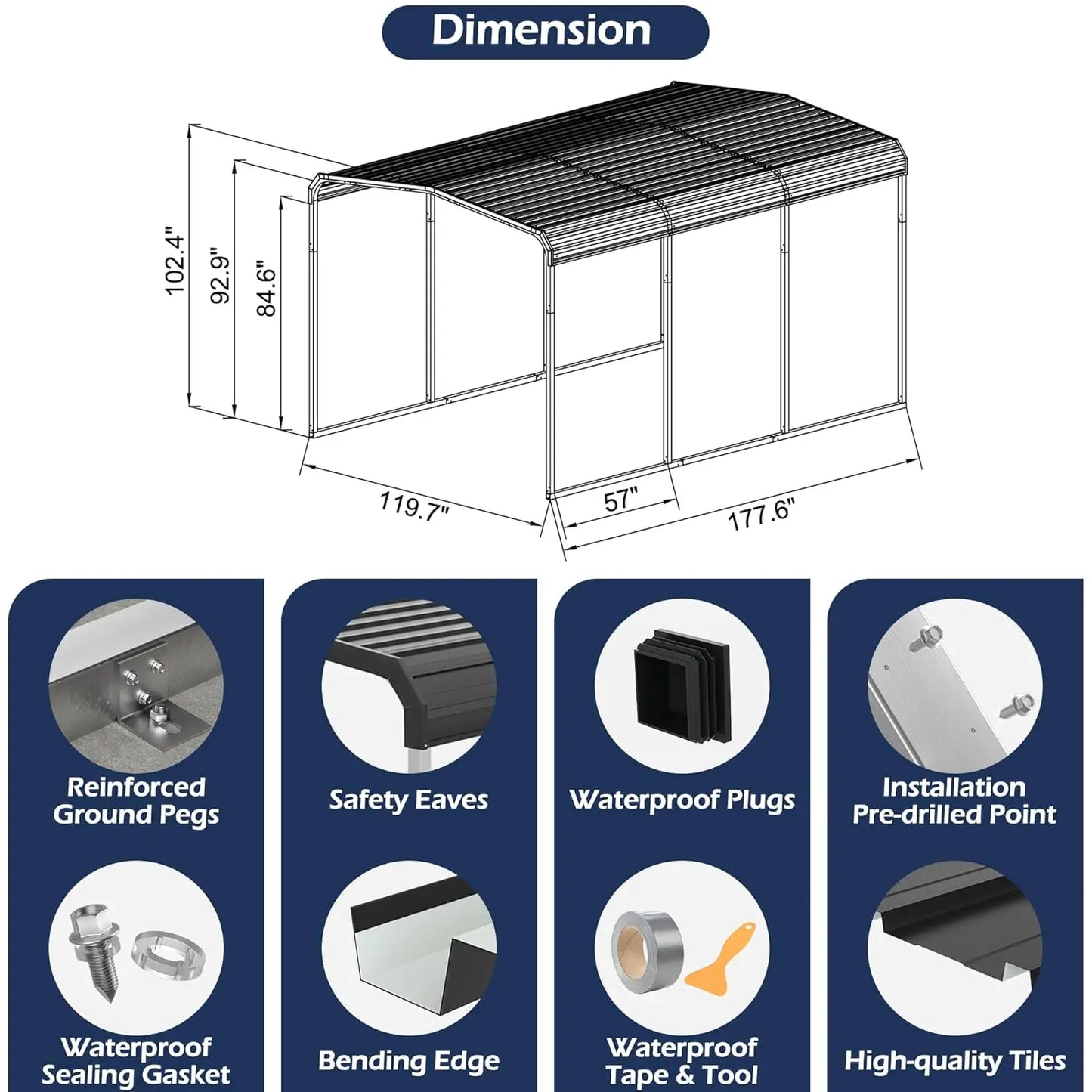 Heavy Duty Metal Carport Canopy with Galvanized Steel Frame And Roof Outdoor Storage Shed Car Tent Customized Protecti，Customiz