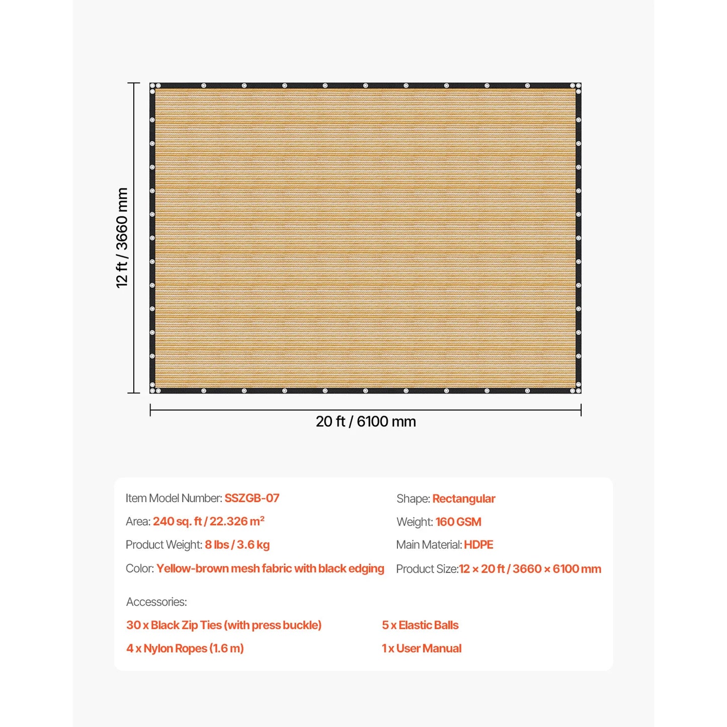 VEVOR 90% Sun Shade Cloth 10x10/12/20ft Pergola Shade Cover 140 GSM HDPE Canopy Privacy Screen for Outdoor Patio Garden Backyard