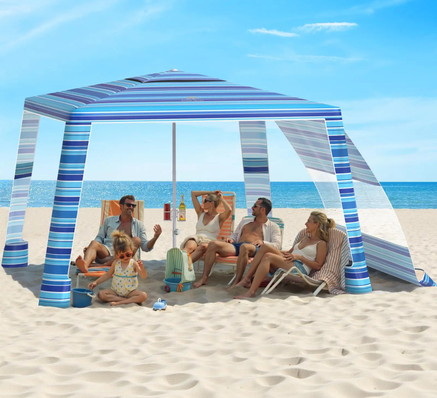 Rhino Valley Beach Cabana, 8 * 8FT Beach Tent UPF50+ Protection, Easy Setup Beach Canopy Wind Resistant with Cup Holder, Compact Beach Shade Foldable Beach Tent Sun Shelter, Light Blue Stripes