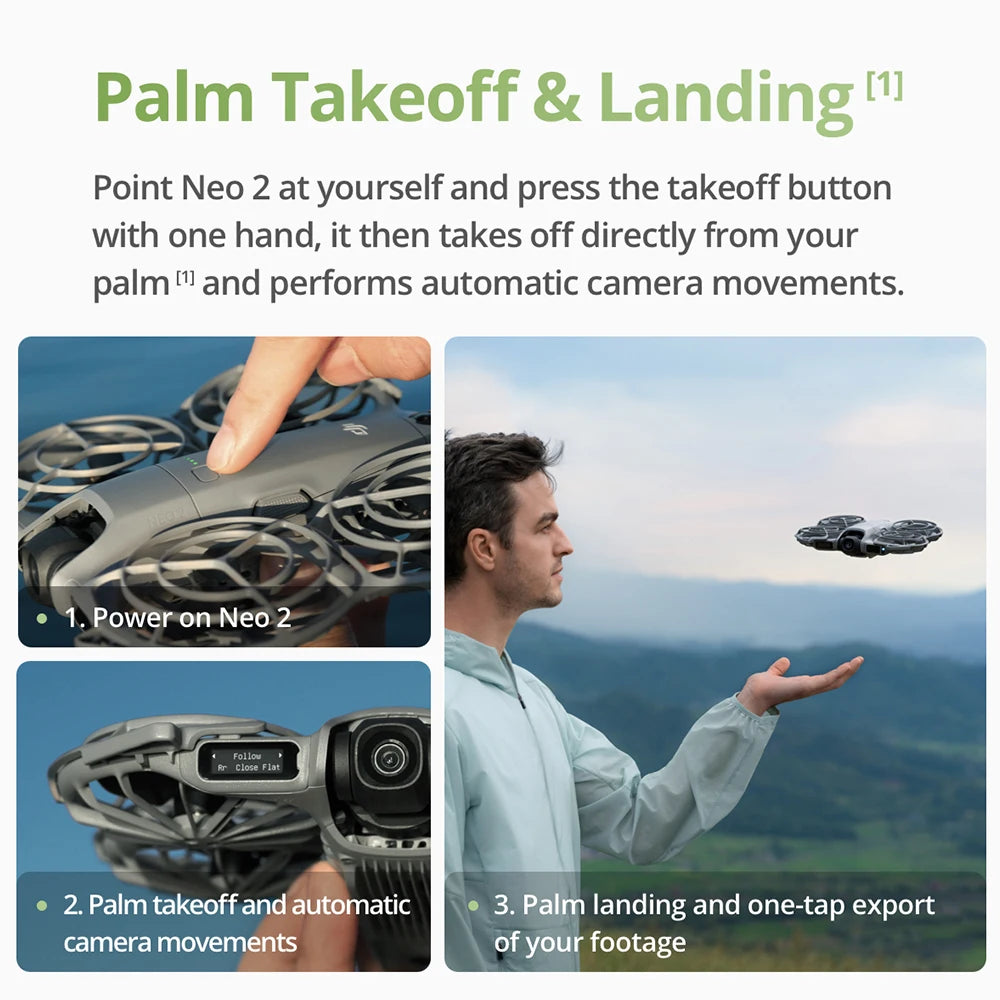 DJI Neo 2 4K Drones With Camera Palm Takeoff & Landing Gesture Control Smooth Reliable Tracking 12m/s Faster Tracking Speed Lightweight Foldable Mini Drone All-Around Safety & Flexible Flight With 3 Batteries