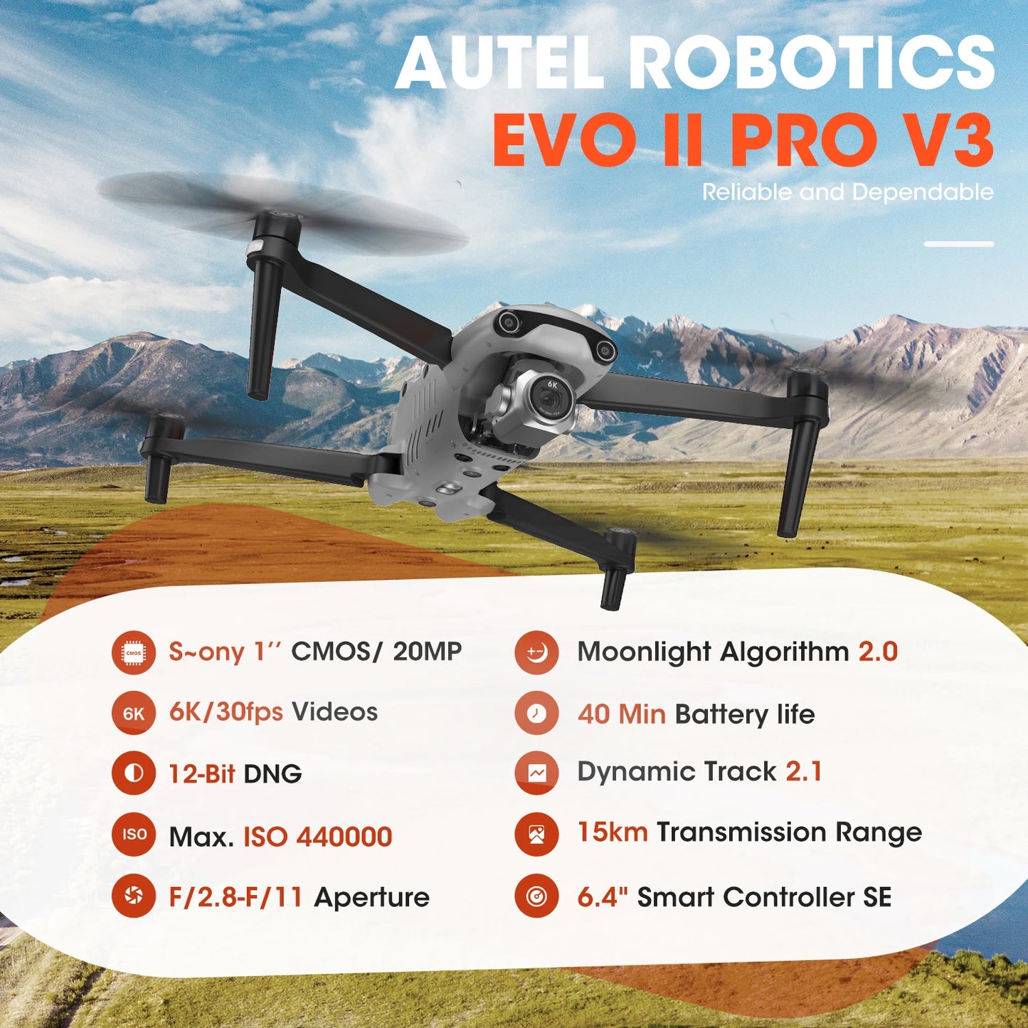 Autel Robotics EVO 2 PRO V3 Drone 1"CMOS 12-Bit 6K HDR Video Moonlight Algorithm 2.0 40 Minutes 15KM Transmission AI Recognition