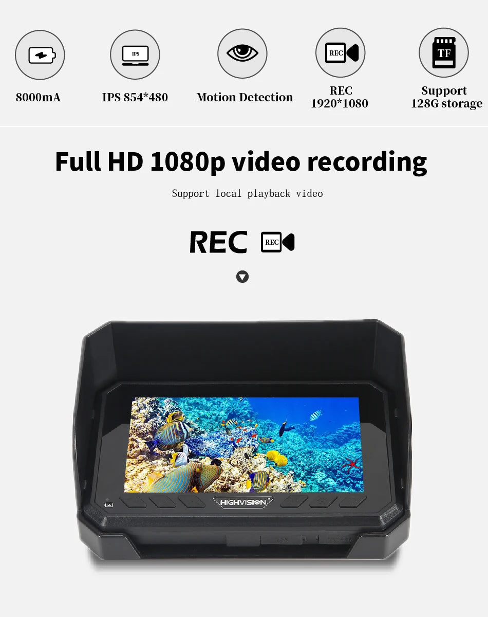 5''Underwater Fishing Camera,1080P Full HD Video Recording,Real-time Depth & Temperature Monitoring,IP66,8000mAh Rechargeable