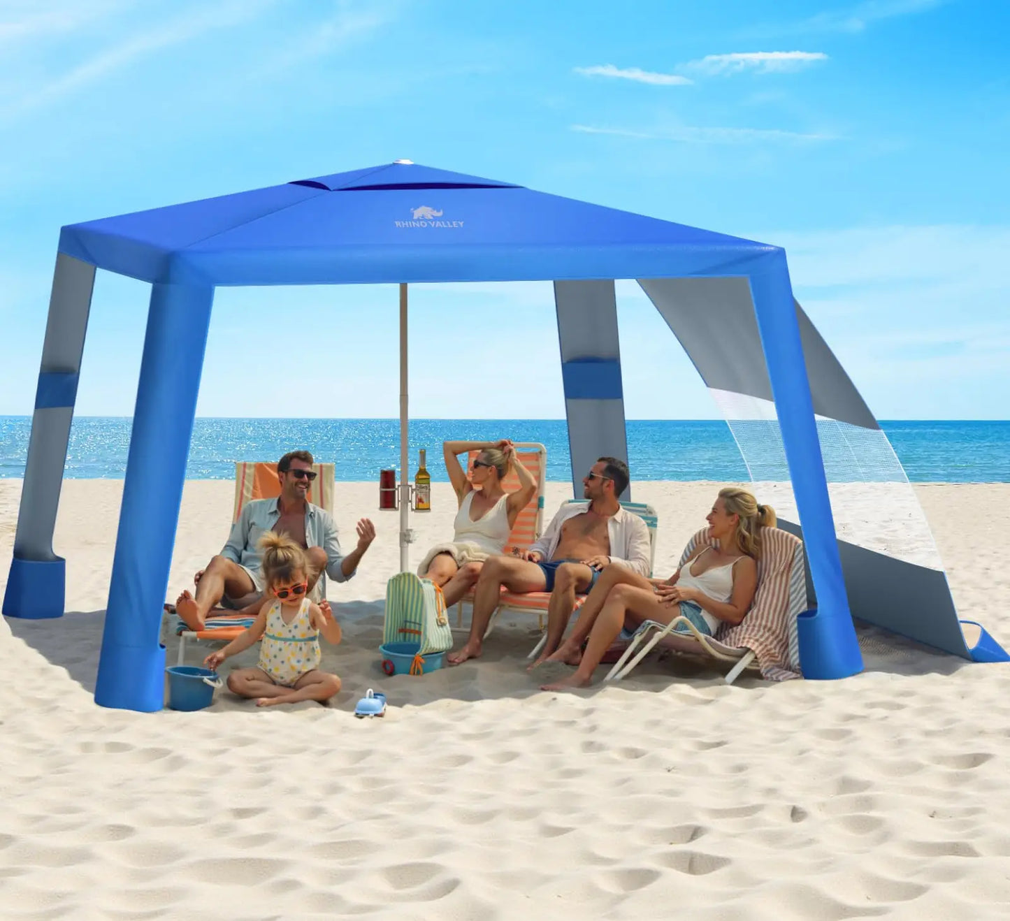 Rhino Valley Beach Cabana, 8 * 8FT Beach Tent UPF50+ Protection, Easy Setup Beach Canopy Wind Resistant with Cup Holder, Compact Beach Shade Foldable Beach Tent Sun Shelter, Light Blue Stripes