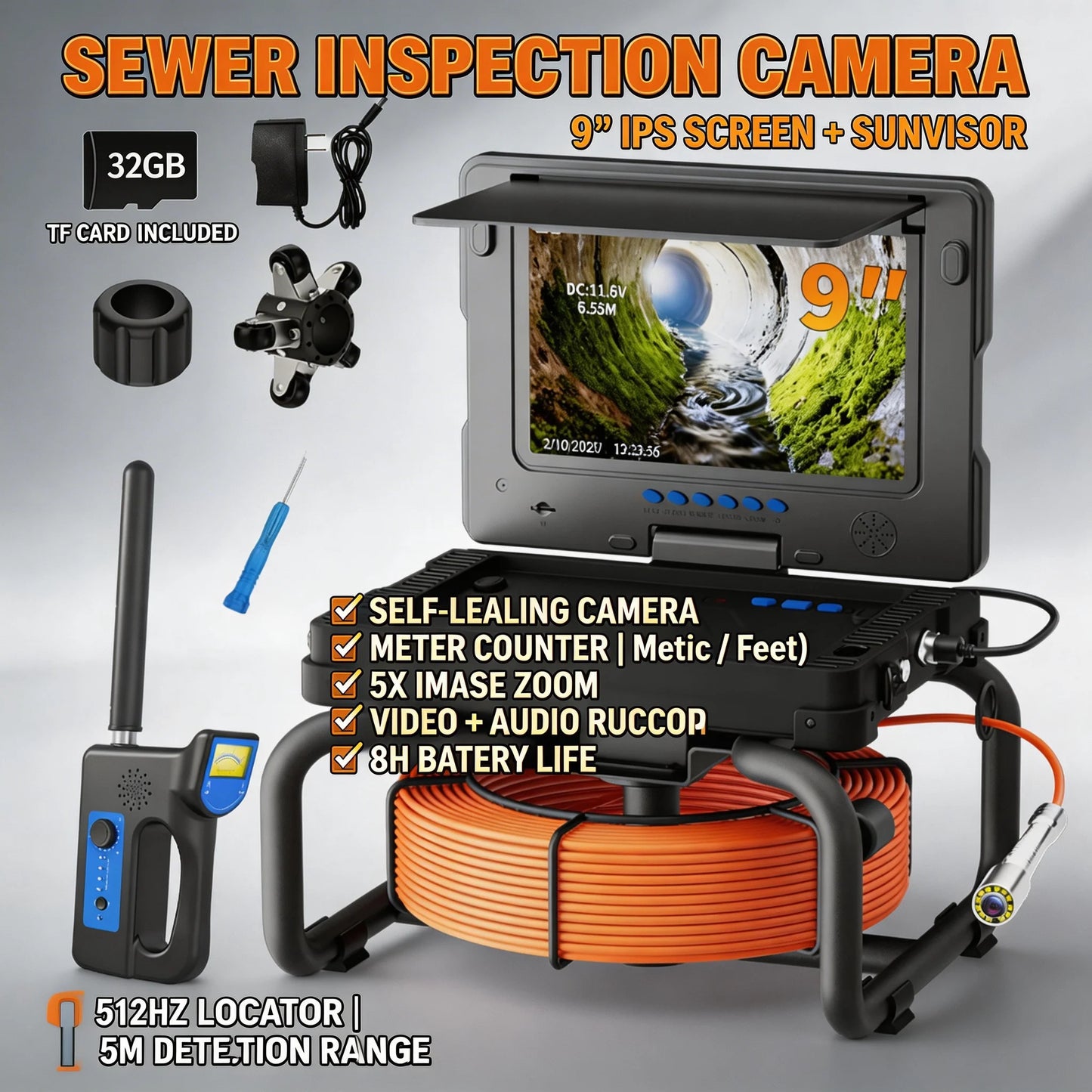 9'' Waterproof Sewer Pipe Inspection Camera with 512HZ Self-Leveling Locator, Meter Counter & DVR Video Endoscope