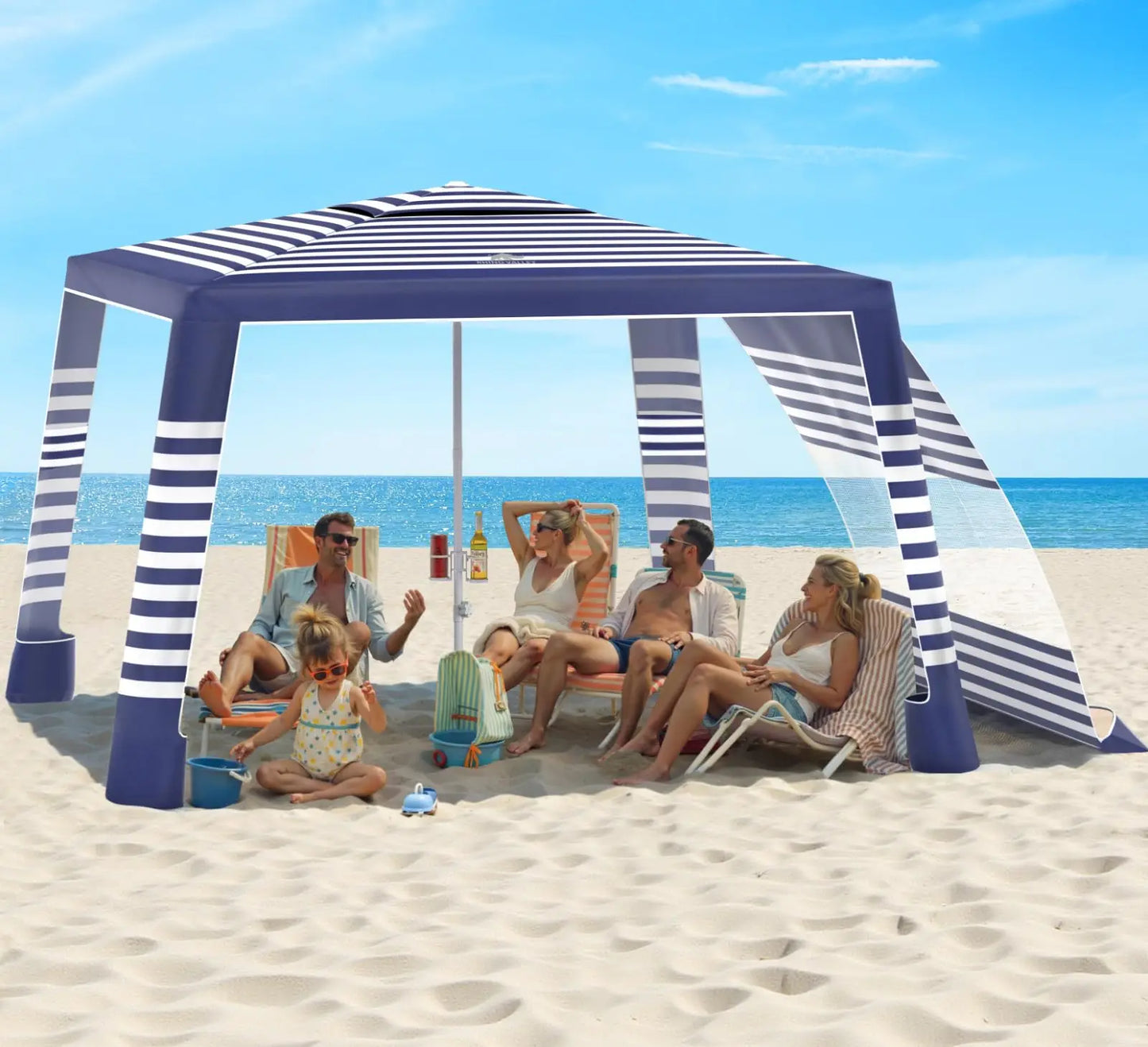 Rhino Valley Beach Cabana, 8 * 8FT Beach Tent UPF50+ Protection, Easy Setup Beach Canopy Wind Resistant with Cup Holder, Compact Beach Shade Foldable Beach Tent Sun Shelter, Light Blue Stripes