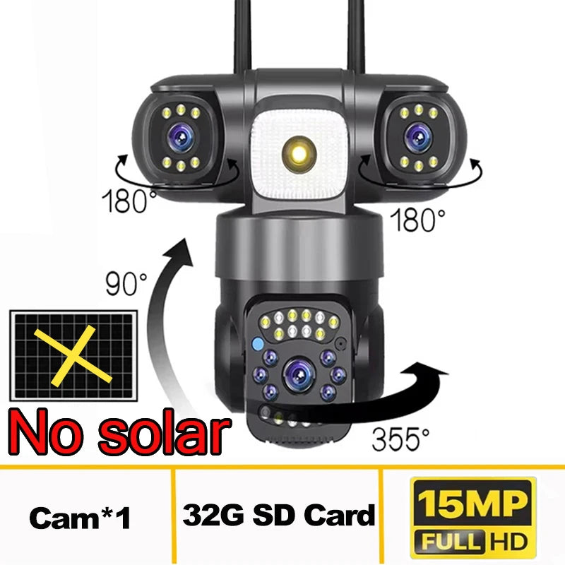 15MP 8K Wifi HD Camera Three Lenses Solar ip Camera Outdoor Wireless Waterproof PIR Night Vision AI Human Tracking Surveillance