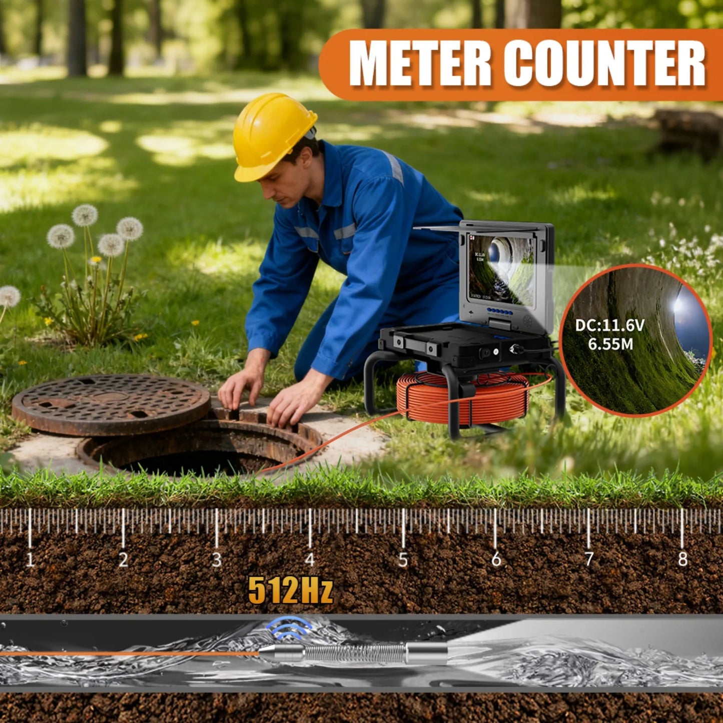 9'' Waterproof Sewer Pipe Inspection Camera with 512HZ Self-Leveling Locator, Meter Counter & DVR Video Endoscope