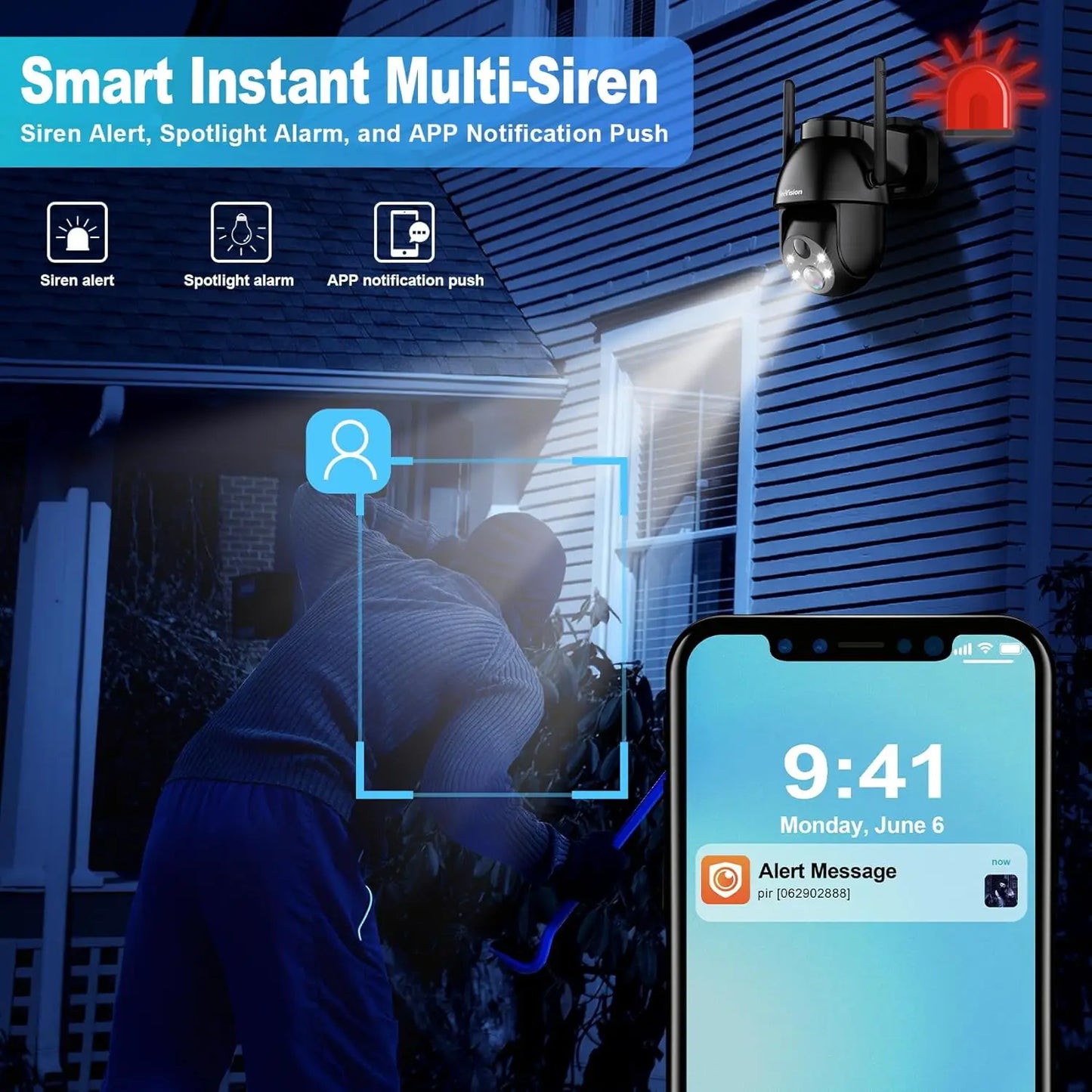 Wireless Solar Security Camera with 2K PTZ, PIR Motion Detection, Color Night Vision, and Two-Way Talk