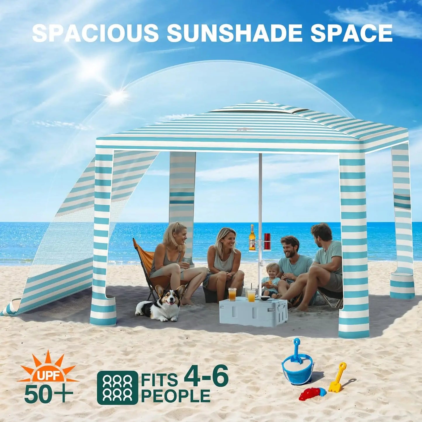 Rhino Valley Beach Cabana, 8 * 8FT Beach Tent UPF50+ Protection, Easy Setup Beach Canopy Wind Resistant with Cup Holder, Compact Beach Shade Foldable Beach Tent Sun Shelter, Light Blue Stripes