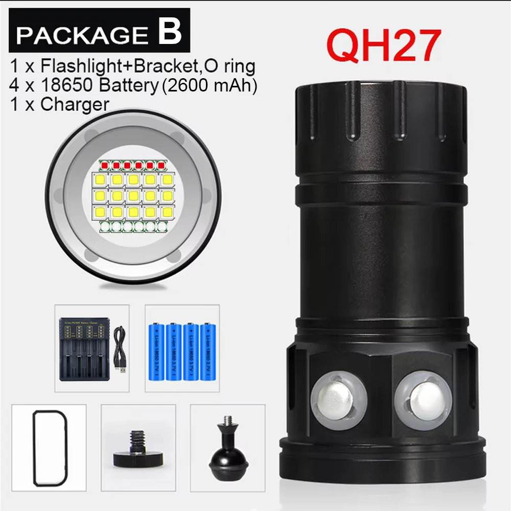 Professional Underwater Photography Light 27 LED Highlight Lamp 20000Lumens Diving Flashlight 100M Waterproof Video Camera torch
