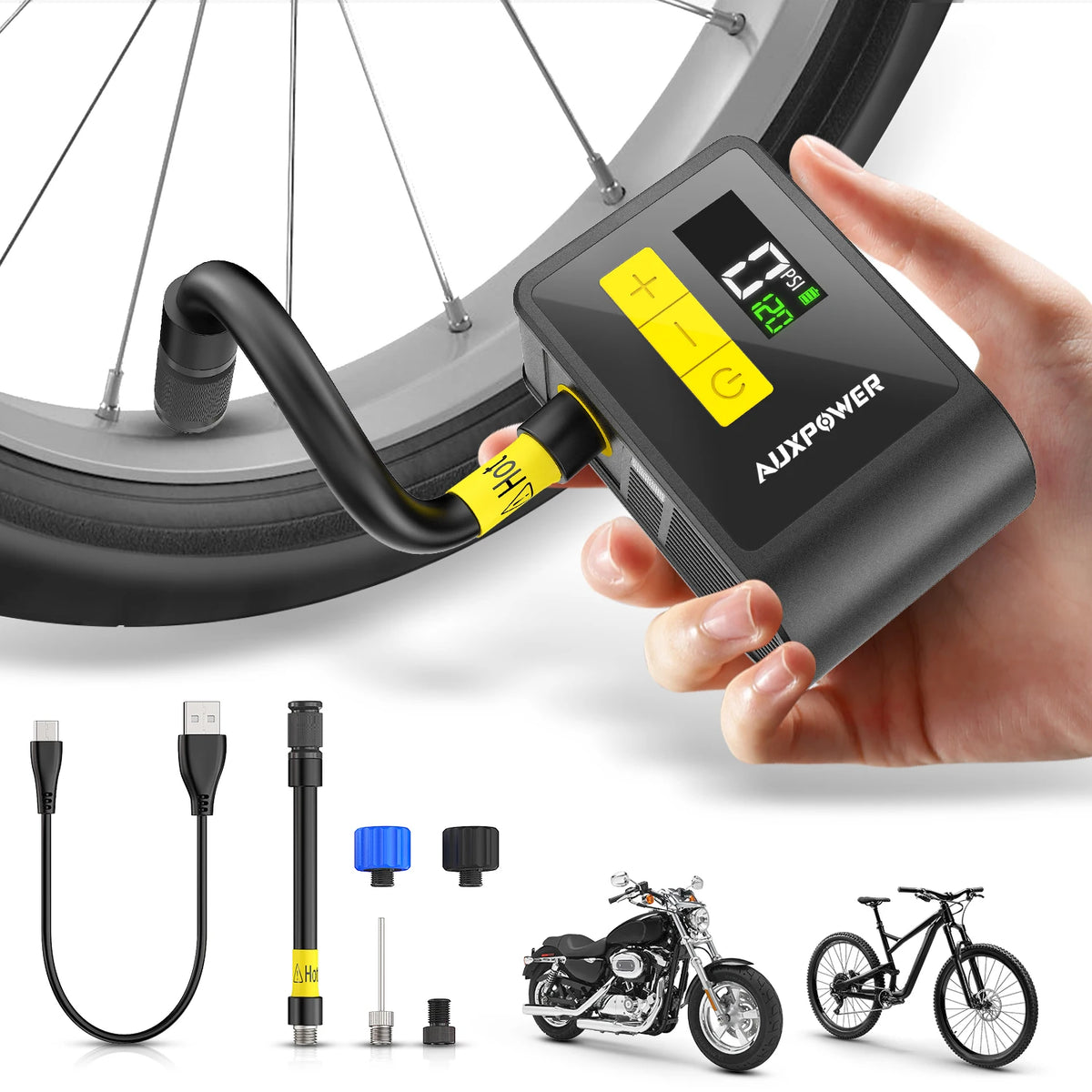 120PSI Mini Bicycle Pump Electric Air Pump Automatic Stop Powerful Portable Digital Inflator with LED for Motorcycle Bike Tires