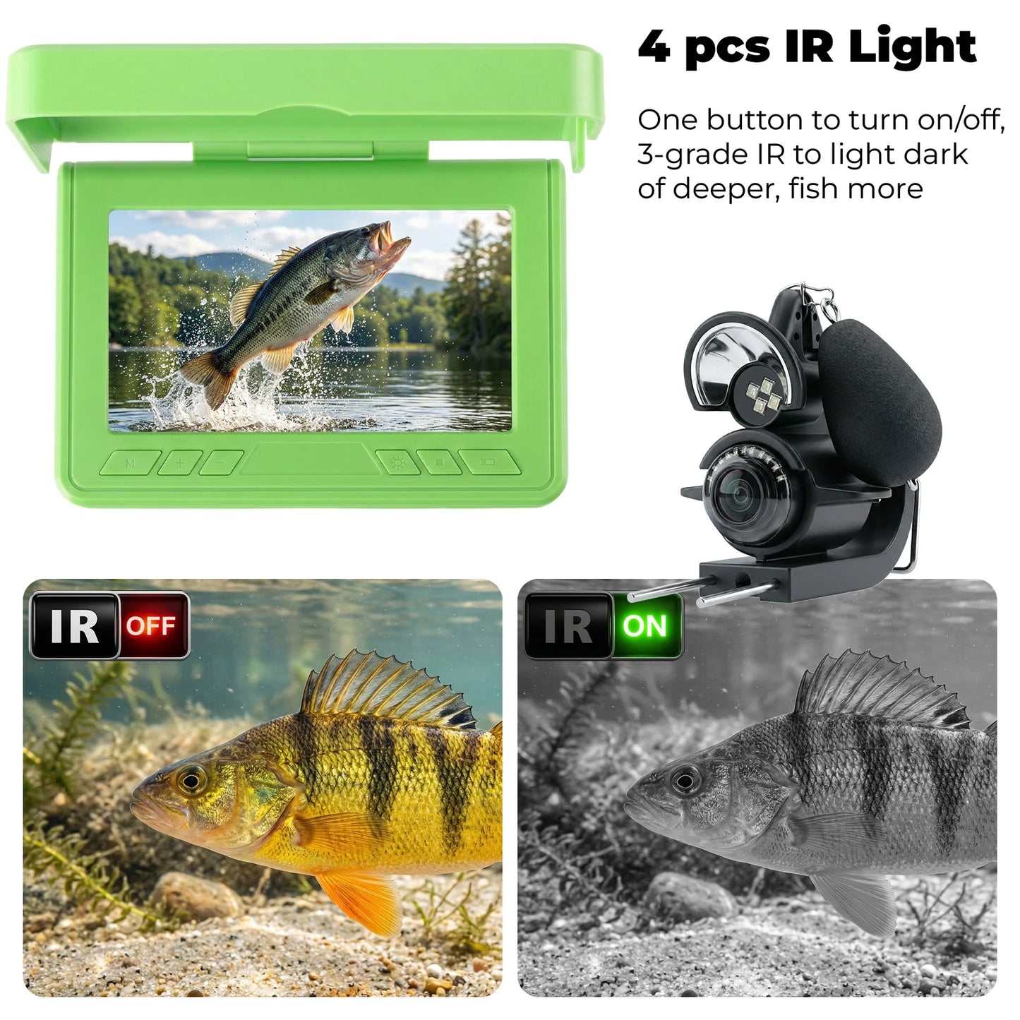 Portable Underwater Visual Fish Finder 4.3" LCD Monitor HD Fishing Camera IP68 Waterproof with IR Night Vision for Ice/Boat/Rive