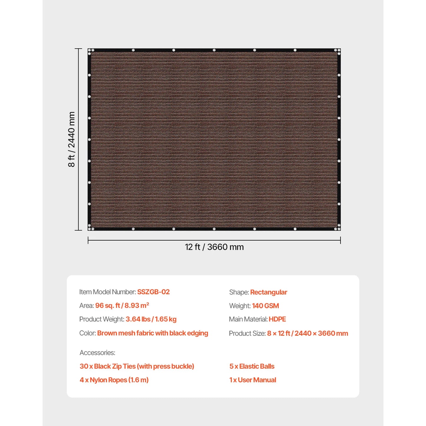 VEVOR 90% Sun Shade Cloth 10x10/12/20ft Pergola Shade Cover 140 GSM HDPE Canopy Privacy Screen for Outdoor Patio Garden Backyard