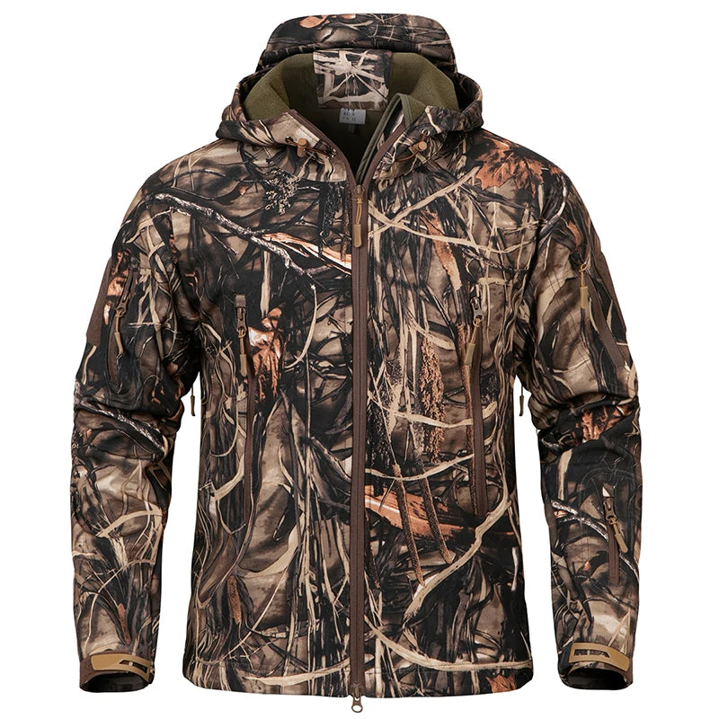 Men's Quiet Softshell Camouflage Hunting Jacket Water-Resistant Camo Tactical Jacke Men Fleece Outdoor Fising Hiking Hooded Coat