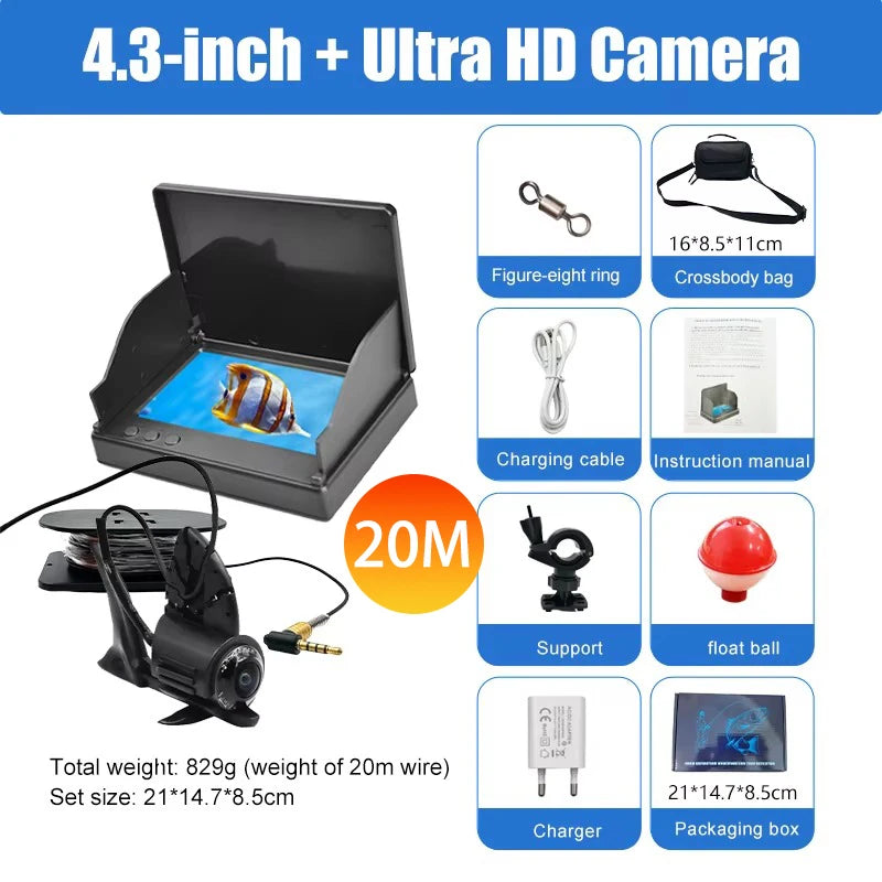 4.3 Inch HD Underwater Fishing Camera Kit Portable Fish Finder Day&Night Dual Use Ice Fishing Camera with Cable/Bag