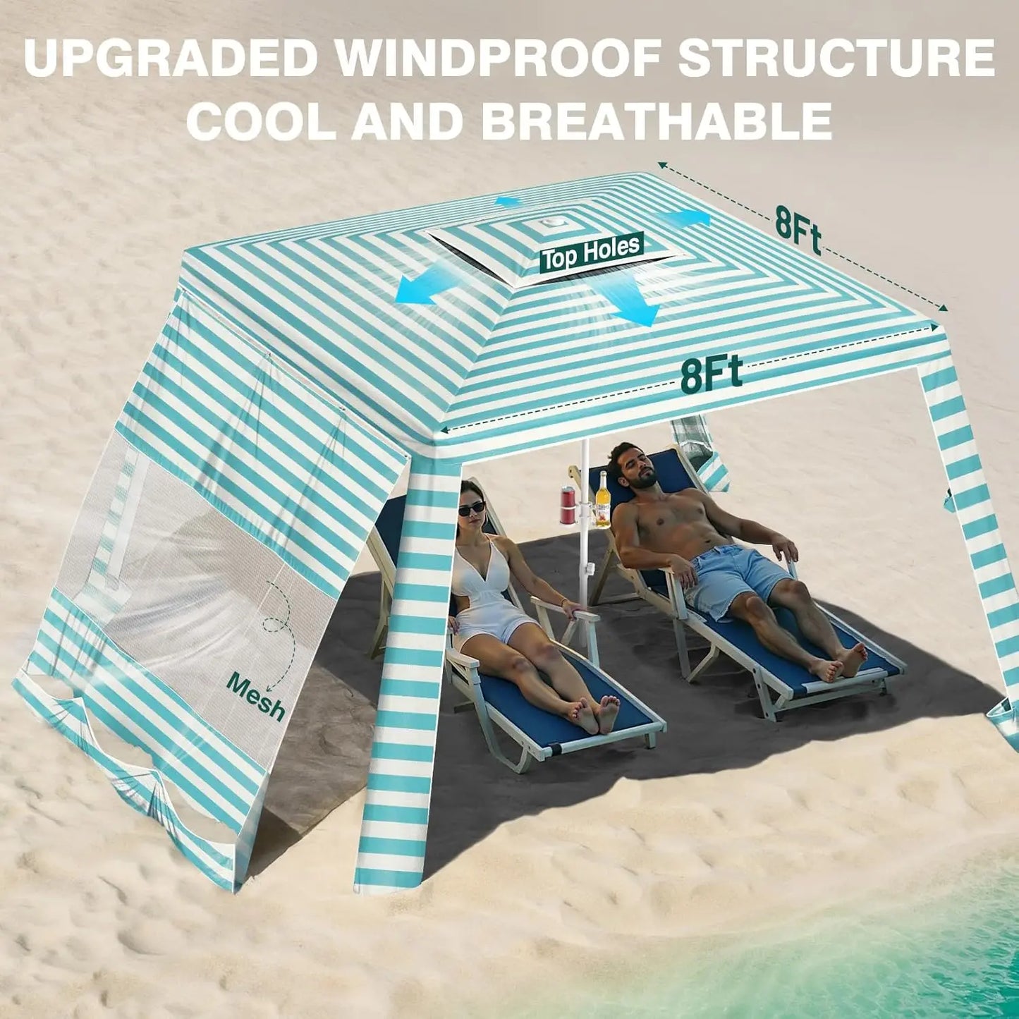 Rhino Valley Beach Cabana, 8 * 8FT Beach Tent UPF50+ Protection, Easy Setup Beach Canopy Wind Resistant with Cup Holder, Compact Beach Shade Foldable Beach Tent Sun Shelter, Light Blue Stripes