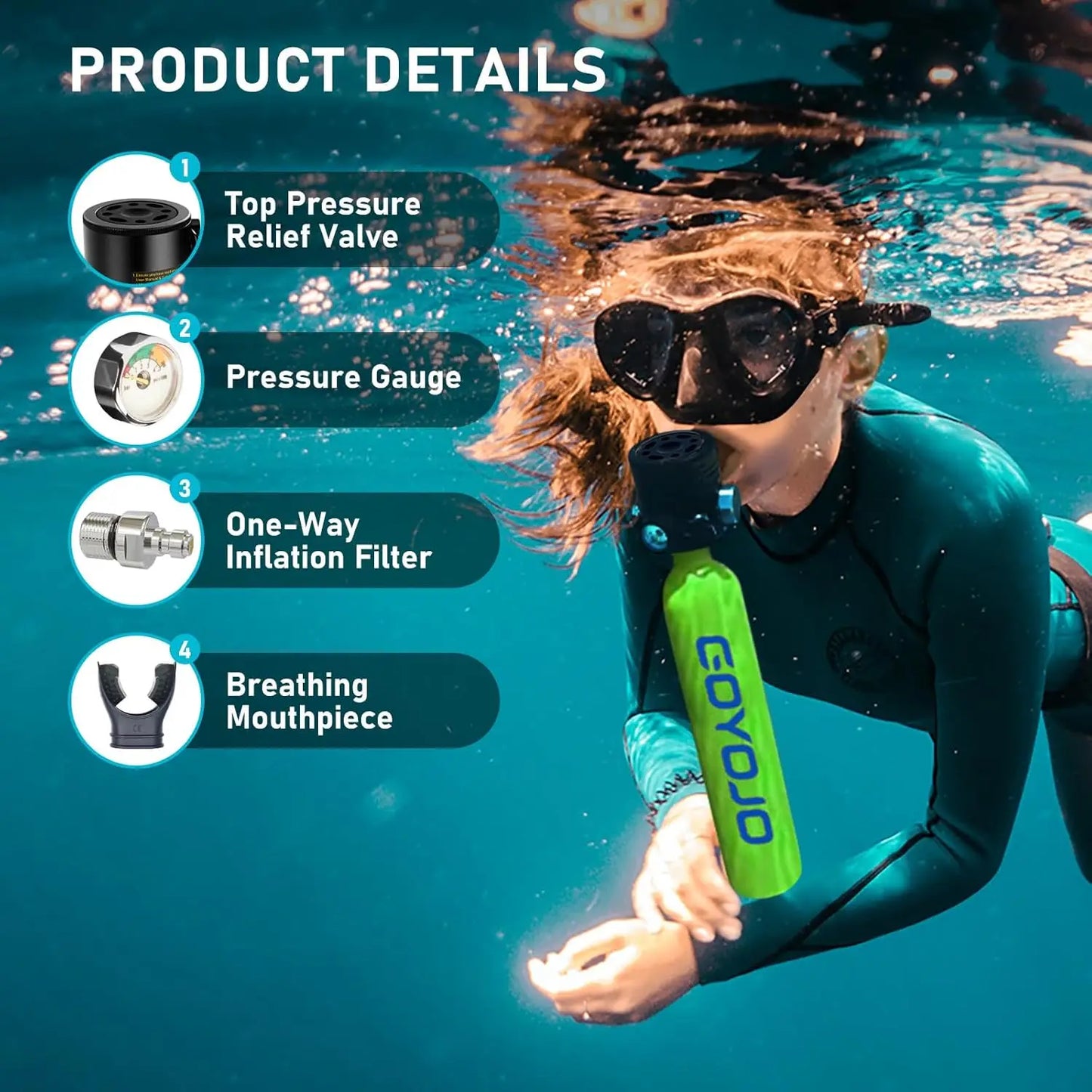 GOYOJO Mini Scuba Tank 0.5L with Pump Reusable Scuba Diving Cylinder Kit Gear for Emergency Rescue Boat Cleaning 3000 PSI