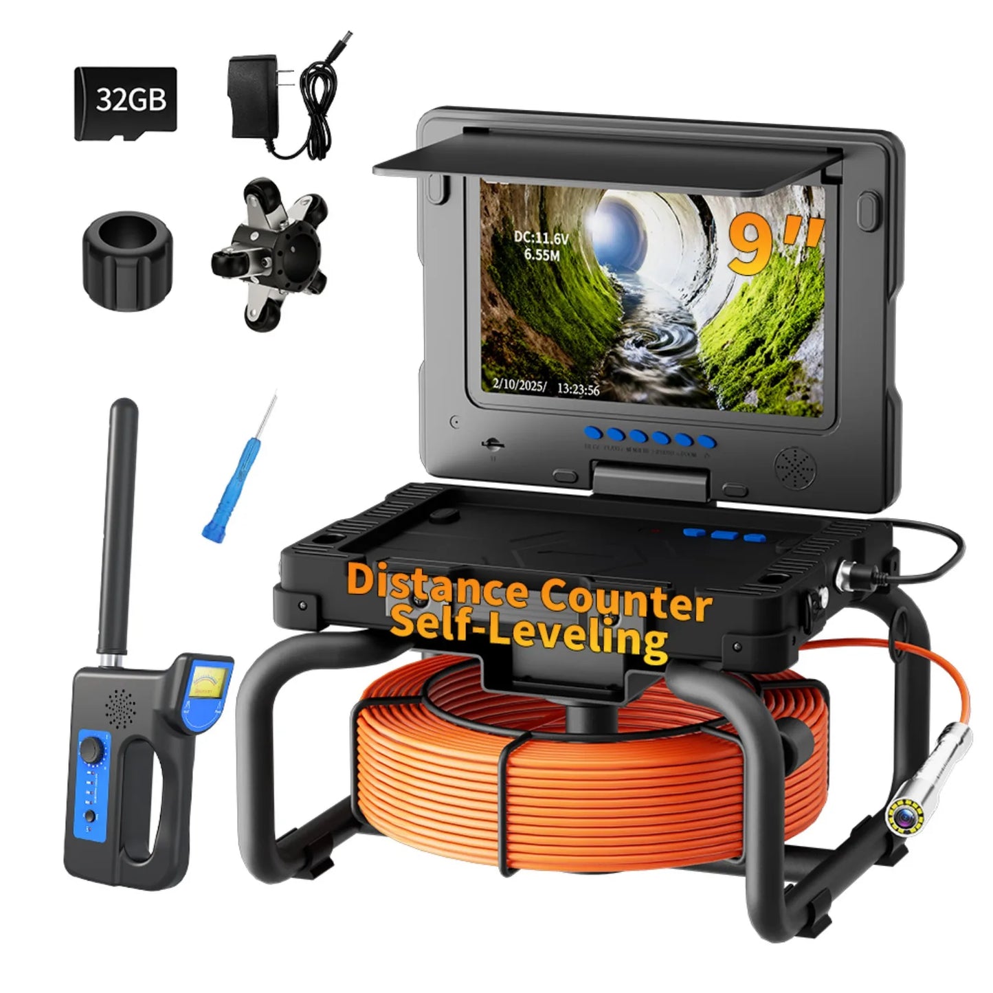 9'' Waterproof Sewer Pipe Inspection Camera with 512HZ Self-Leveling Locator, Meter Counter & DVR Video Endoscope