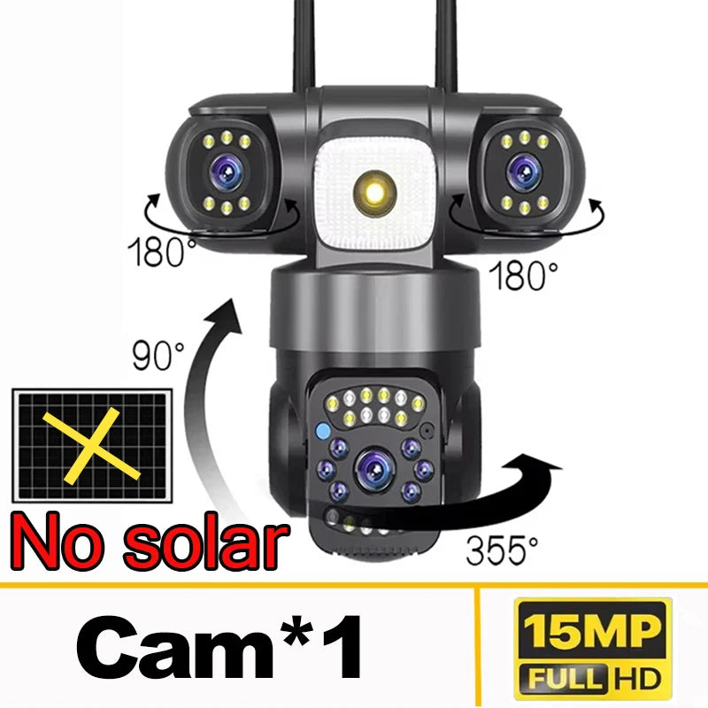 15MP 8K Wifi HD Camera Three Lenses Solar ip Camera Outdoor Wireless Waterproof PIR Night Vision AI Human Tracking Surveillance