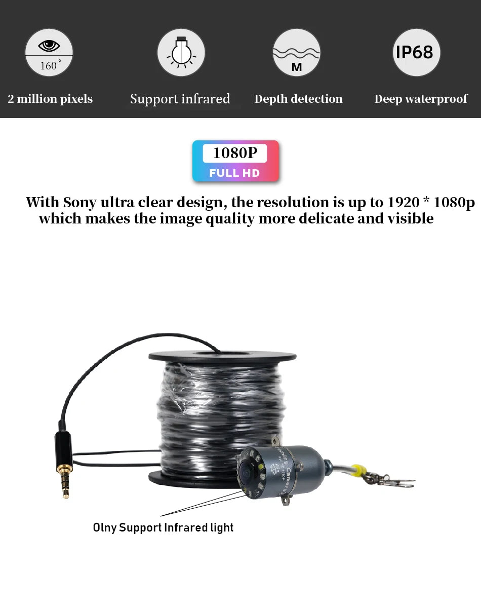 5''Underwater Fishing Camera,1080P Full HD Video Recording,Real-time Depth & Temperature Monitoring,IP66,8000mAh Rechargeable