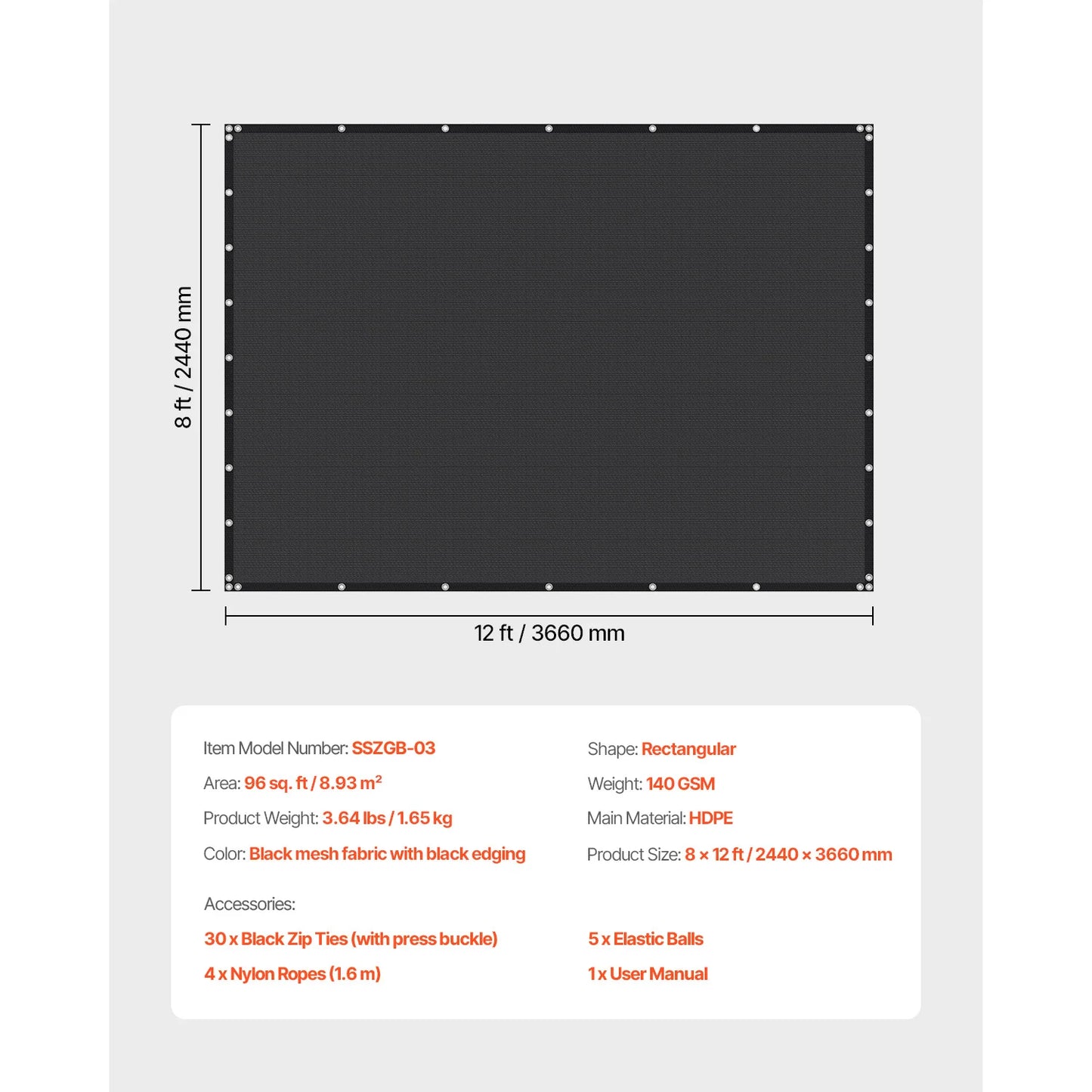 VEVOR 90% Sun Shade Cloth 10x10/12/20ft Pergola Shade Cover 140 GSM HDPE Canopy Privacy Screen for Outdoor Patio Garden Backyard