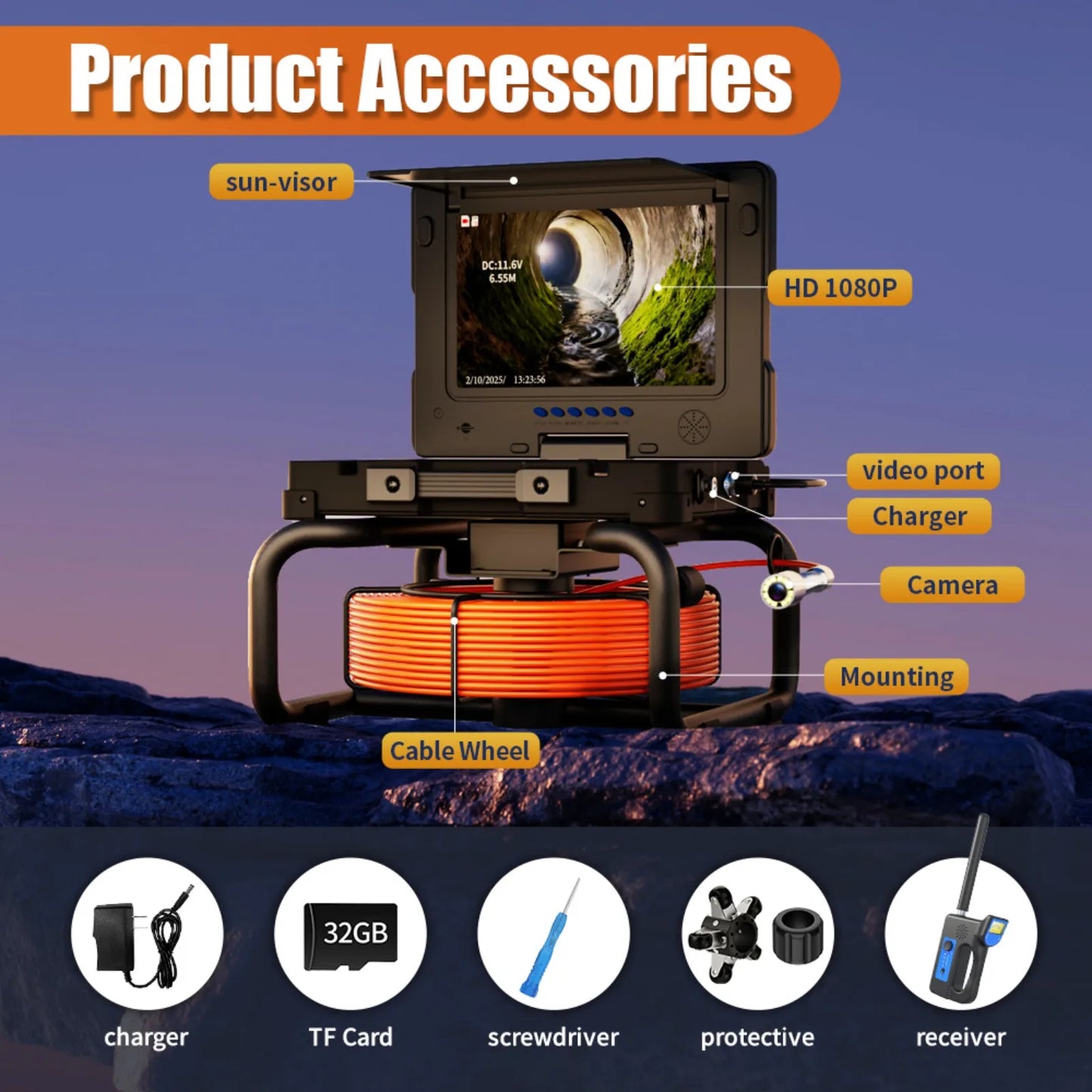 9'' Waterproof Sewer Pipe Inspection Camera with 512HZ Self-Leveling Locator, Meter Counter & DVR Video Endoscope