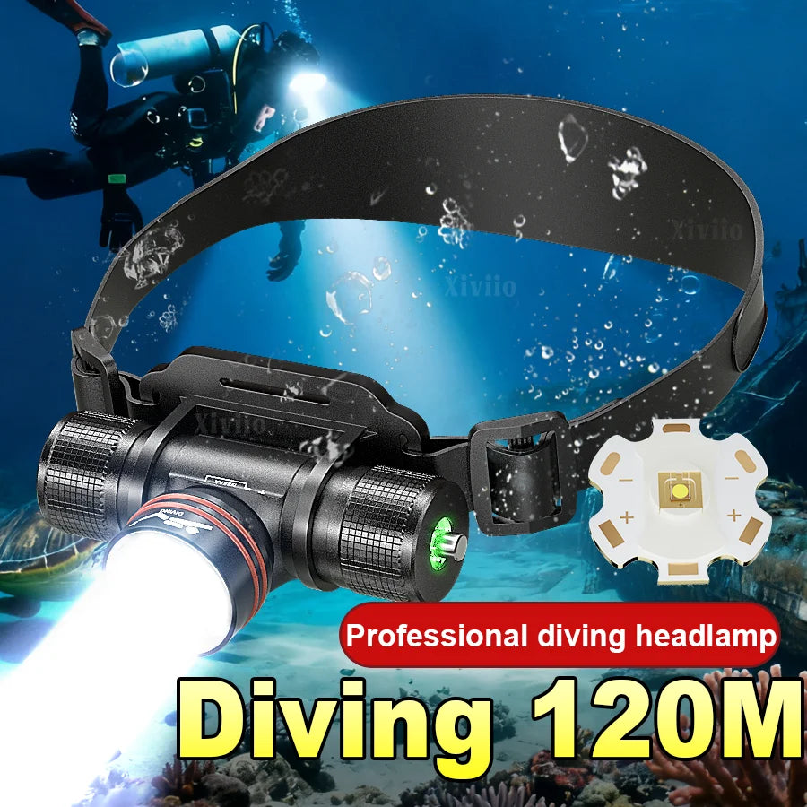 Professional IPX8 Waterproof Headlight LED Powerful Scuba Diving Headlamp 500000LM White Laser Underwater 120M  Dive Head Torch