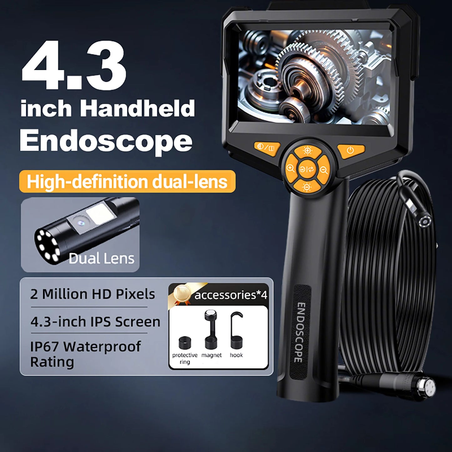 Industrial Endoscope Camera 4.3 inch HD Screen 1080P Snake Camera with Semi Rigid Cable for Auto Engine Drain Inspection