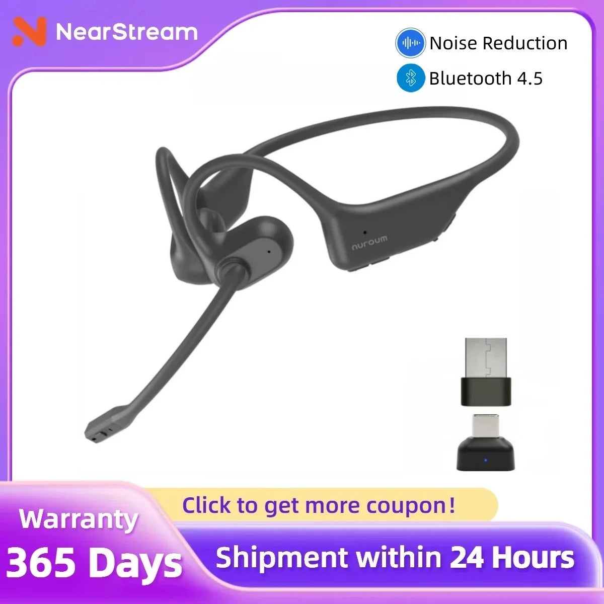 NUROUM OpenEar Pro 2 Headphones with Mic, Noise Reduction Earphone Bluetooth, Open Ear Wireless Lightweight Earbuds for Work