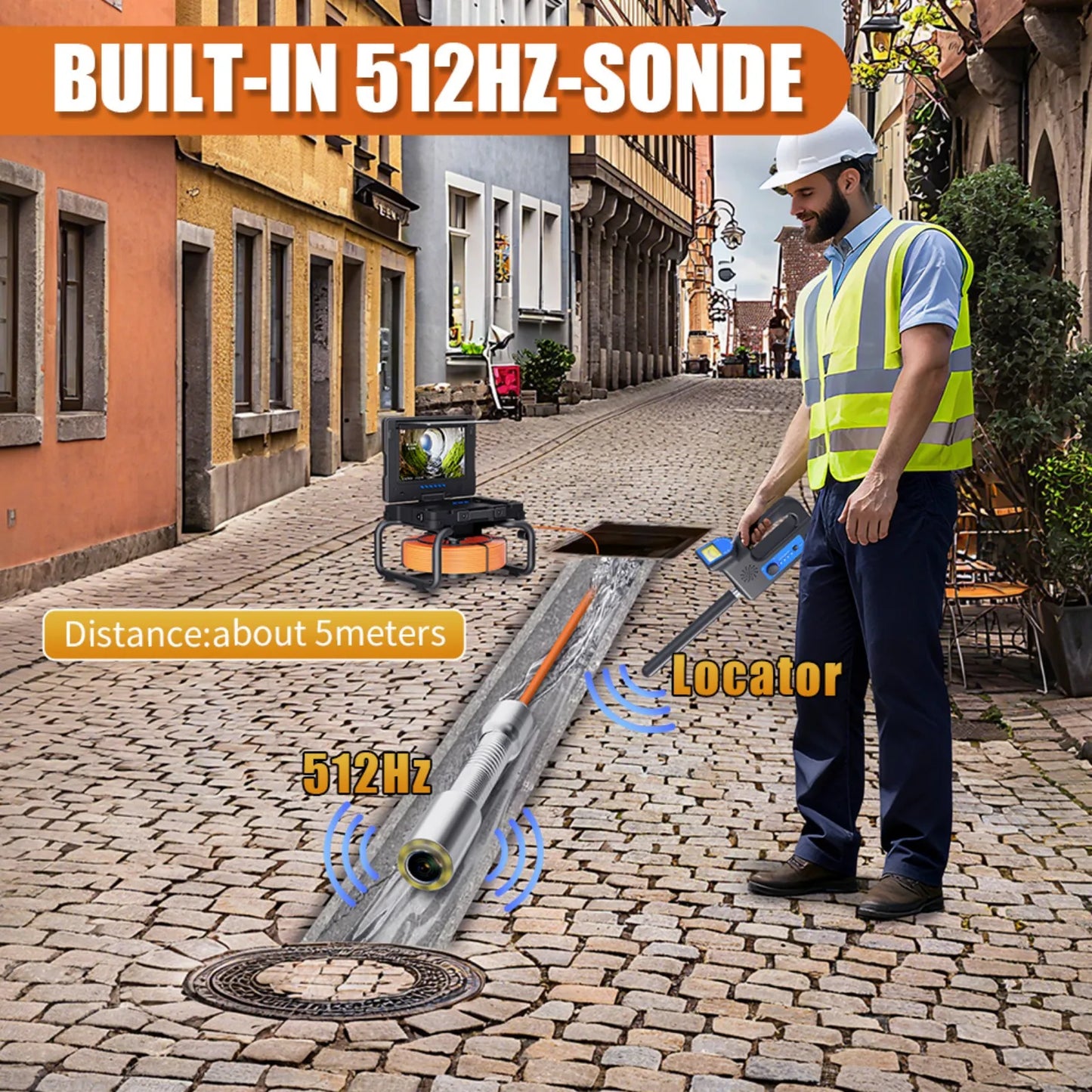 9'' Waterproof Sewer Pipe Inspection Camera with 512HZ Self-Leveling Locator, Meter Counter & DVR Video Endoscope