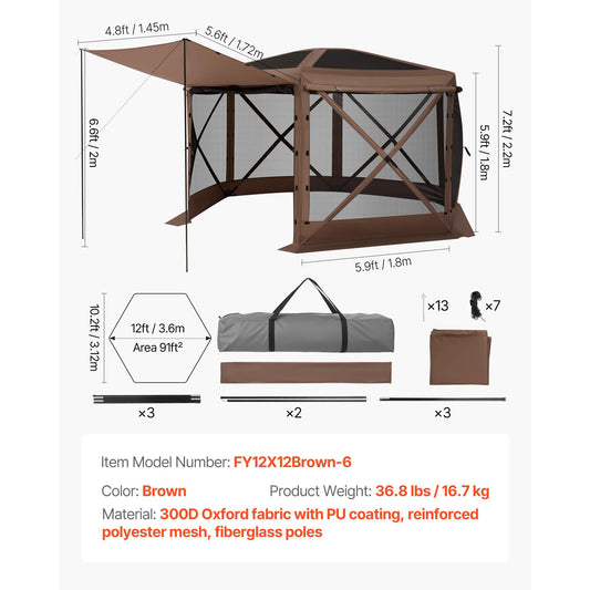 SucceBuy Pop up Gazebo Screen Tent Camping Canopy Tent w/ Removable Top&Carry Bag Quick-Set&Bite-Proof Screen House Sun Shelter