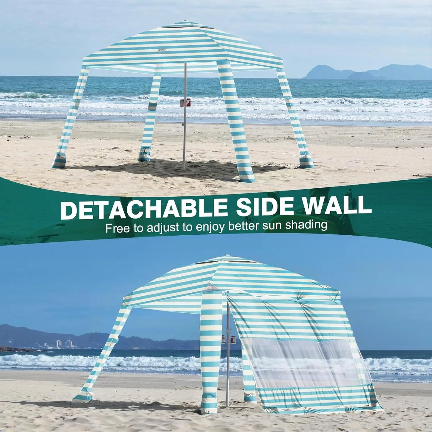Rhino Valley Beach Cabana, 8 * 8FT Beach Tent UPF50+ Protection, Easy Setup Beach Canopy Wind Resistant with Cup Holder, Compact Beach Shade Foldable Beach Tent Sun Shelter, Light Blue Stripes