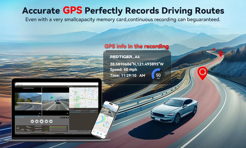 REDTIGER  A4 4k Dash Cam Front and Rear Drive Recorder GPS& 5G WiFi Touch Screen Night Vision 24H Parking Mode Voice Control