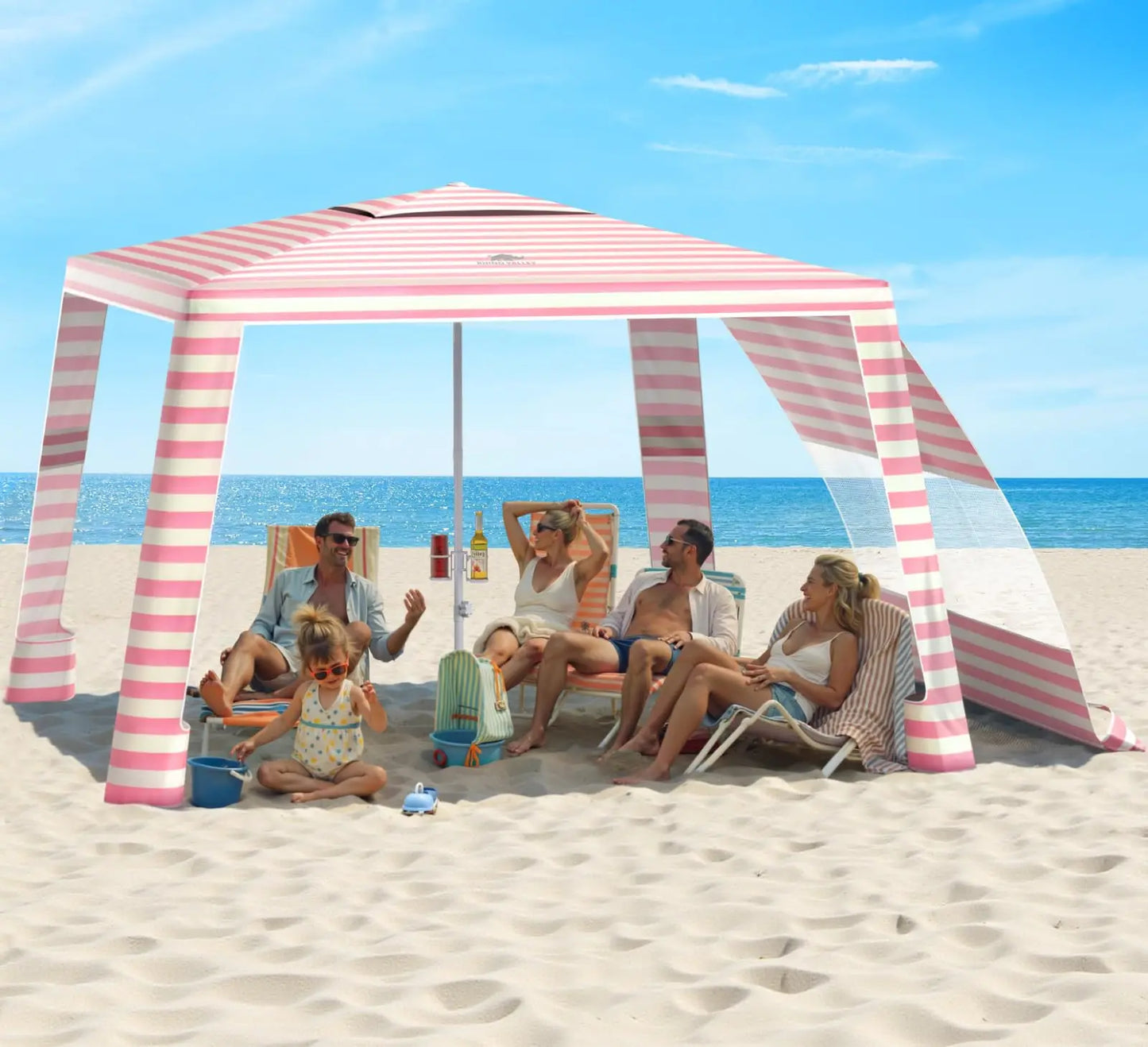 Rhino Valley Beach Cabana, 8 * 8FT Beach Tent UPF50+ Protection, Easy Setup Beach Canopy Wind Resistant with Cup Holder, Compact Beach Shade Foldable Beach Tent Sun Shelter, Light Blue Stripes