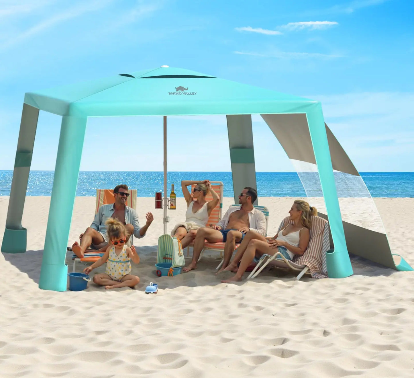Rhino Valley Beach Cabana, 8 * 8FT Beach Tent UPF50+ Protection, Easy Setup Beach Canopy Wind Resistant with Cup Holder, Compact Beach Shade Foldable Beach Tent Sun Shelter, Light Blue Stripes