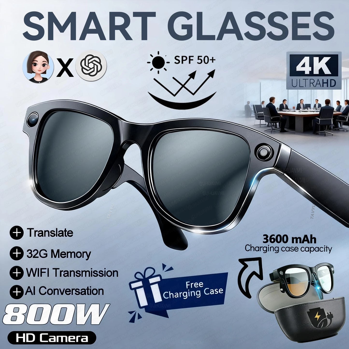2026 Smart AI Glasses 1080P HD Camera M02 Ultra ChatGPT 3600mAh Charging Case Power Bank 32GB Translation Music Video Sunglasses