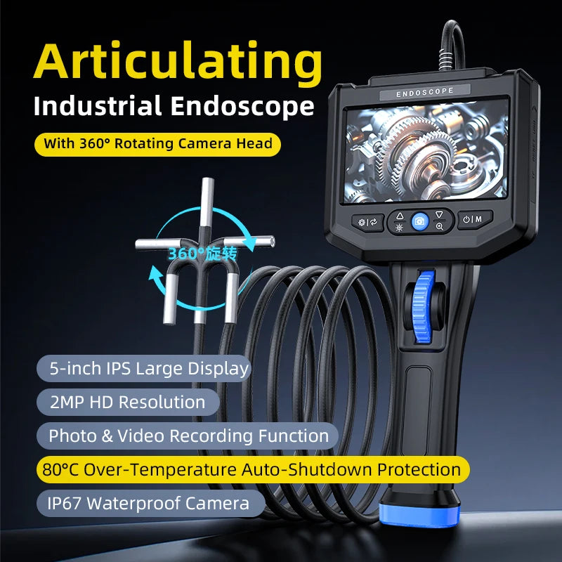 Industrial endoscope 360 Degree Steering with 6mm Lens HD 5-Inch Screen Automotive Pipeline Inspection Camera