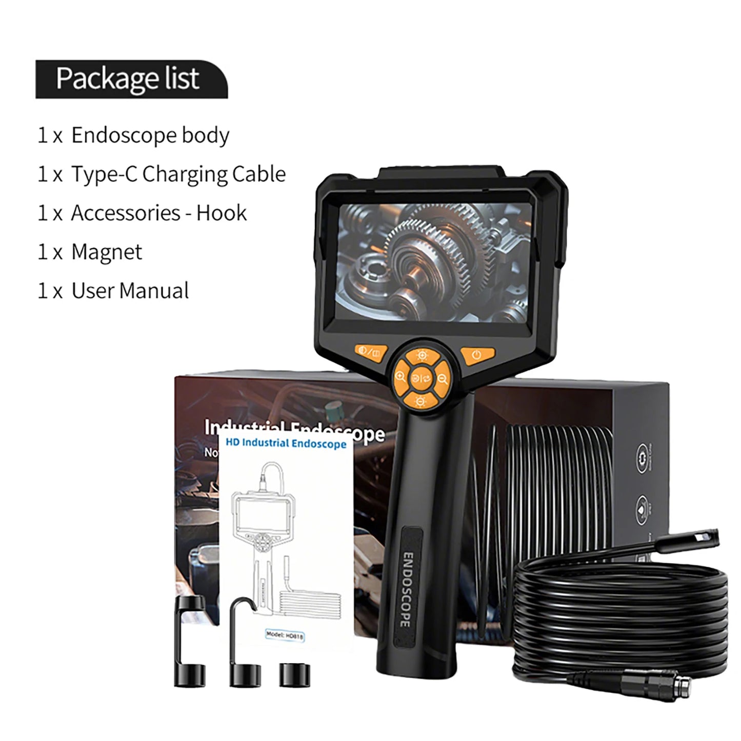 Industrial Endoscope Camera 4.3 inch HD Screen 1080P Snake Camera with Semi Rigid Cable for Auto Engine Drain Inspection