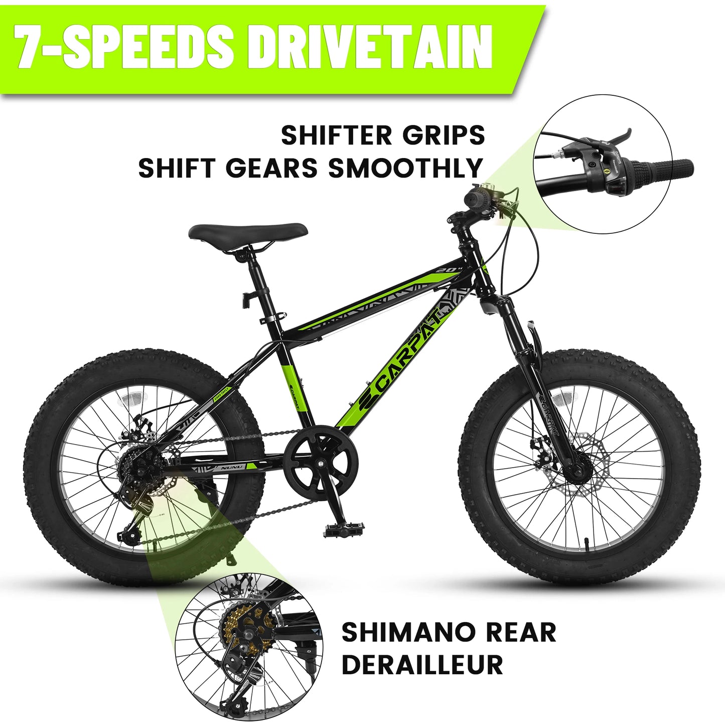 Ecarpat 20 x 4.0 Inch Tire Kids' Bike, Wide Fat Tire Mountain Bike, 7 Speed for Boys Girls Children Kids' Bicycles, Steel Frame