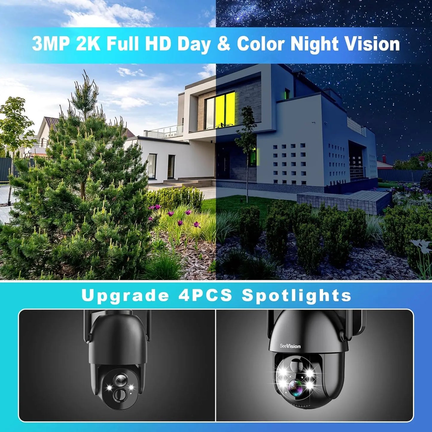 Wireless Solar Security Camera with 2K PTZ, PIR Motion Detection, Color Night Vision, and Two-Way Talk