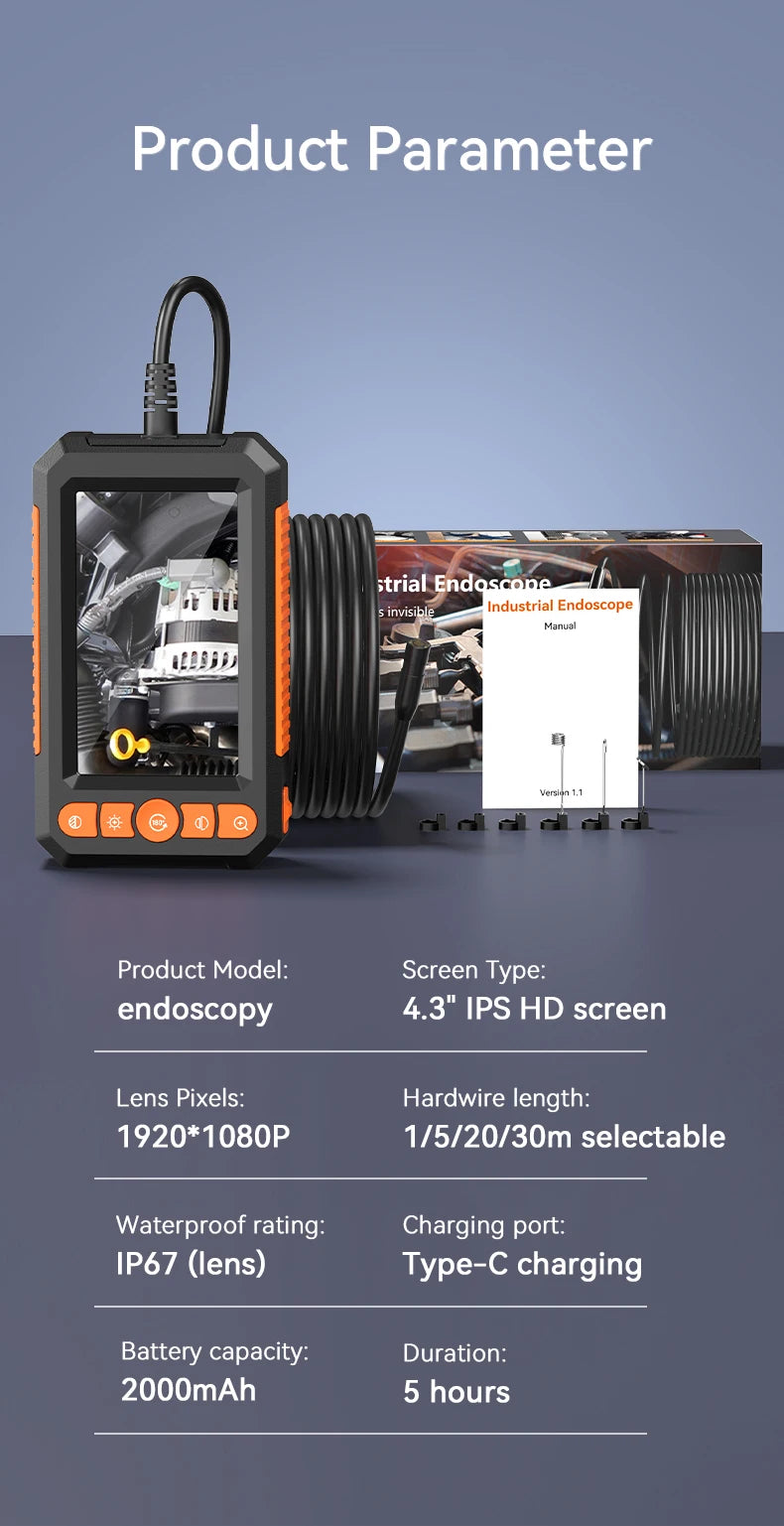 KERUI 1M/5M/10M/20M/30M Industrial Endoscope Camera 4.3 "Single Dual Lens HD 1080P Car Inspection Borescope IP67 Sewer Camera