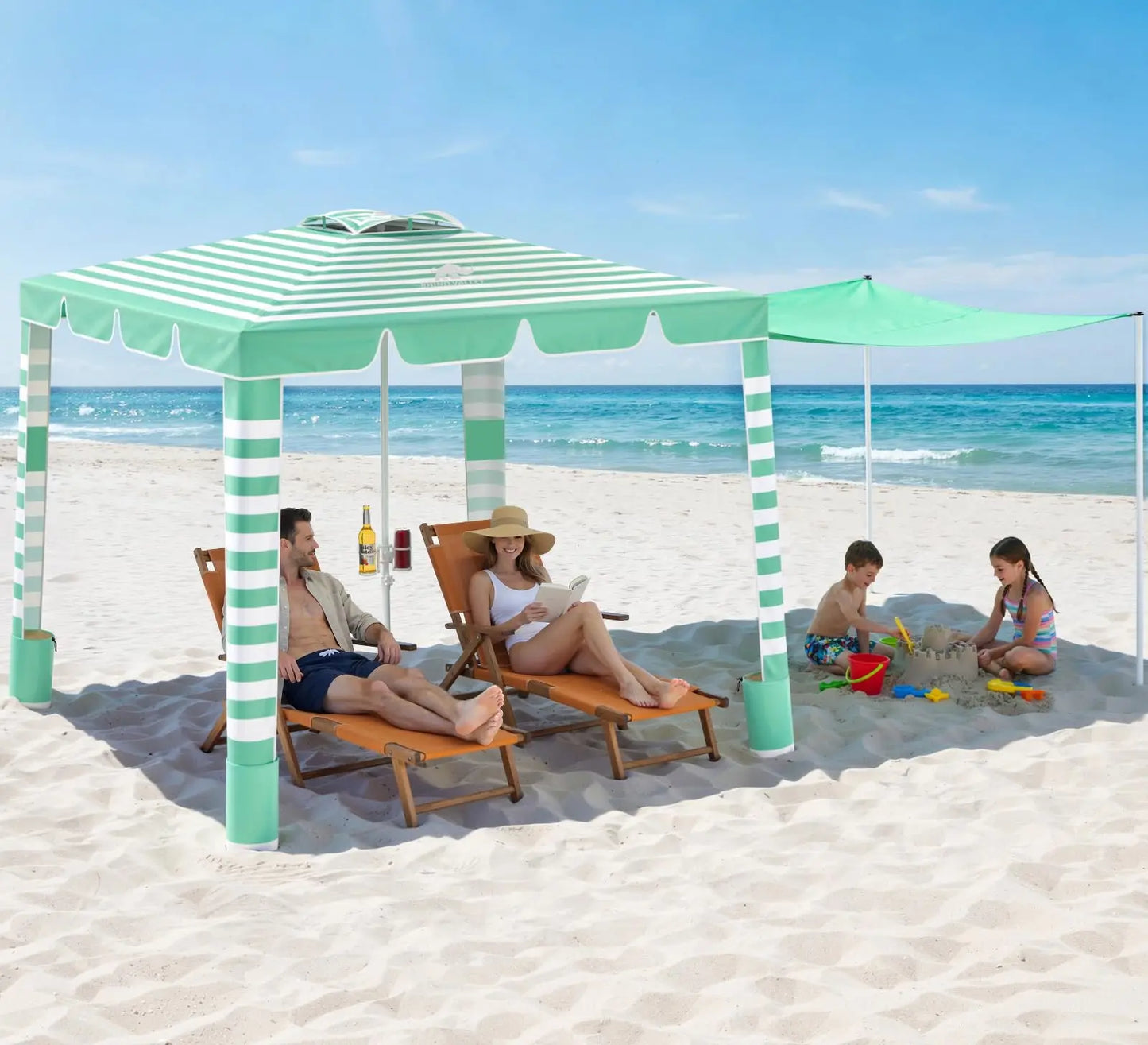 Rhino Valley Beach Cabana, 8 * 8FT Beach Tent UPF50+ Protection, Easy Setup Beach Canopy Wind Resistant with Cup Holder, Compact Beach Shade Foldable Beach Tent Sun Shelter, Light Blue Stripes