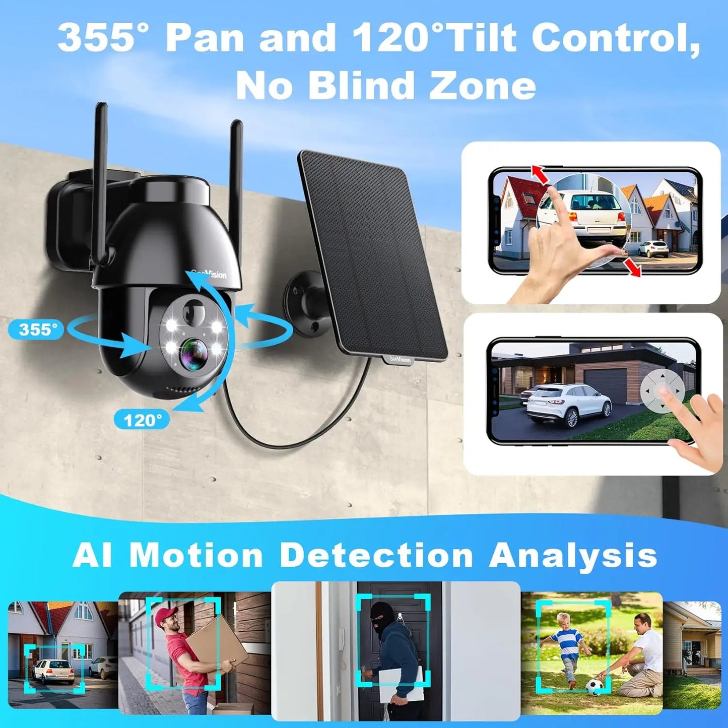 Wireless Solar Security Camera with 2K PTZ, PIR Motion Detection, Color Night Vision, and Two-Way Talk